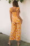 Floral Print Ruffle Shoulder Smocked Wide Leg Jumpsuit