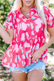 Rose Floral Print Puff Sleeve V Neck Blouse