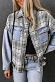 Plaid Patchwork Fringed Flap Pockets Denim Jacket