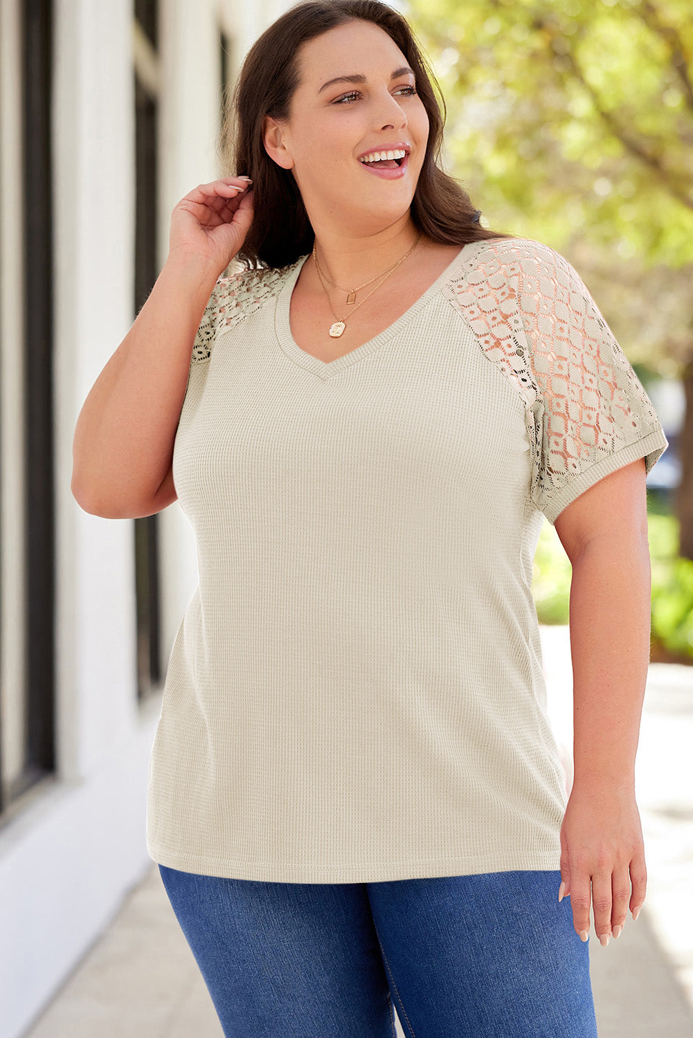 Lace Short Sleeve Plus Size Waffle Top