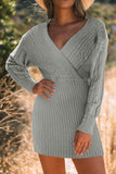 Cable Ribbed Knit V Neck Bodycon Sweater Dress