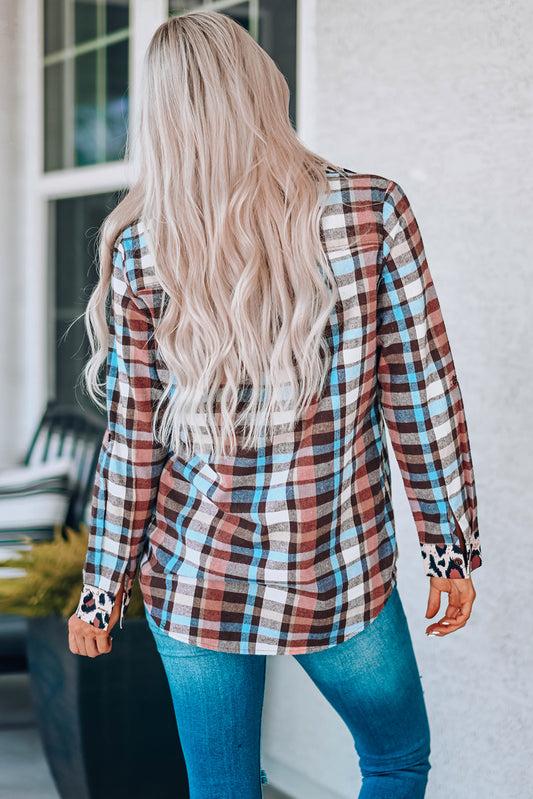 Plaid Print Leopard Trim Shirt Jacket