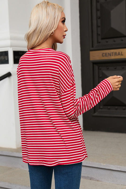 Striped Drop Shoulder Exposed Seam Long Sleeve Top