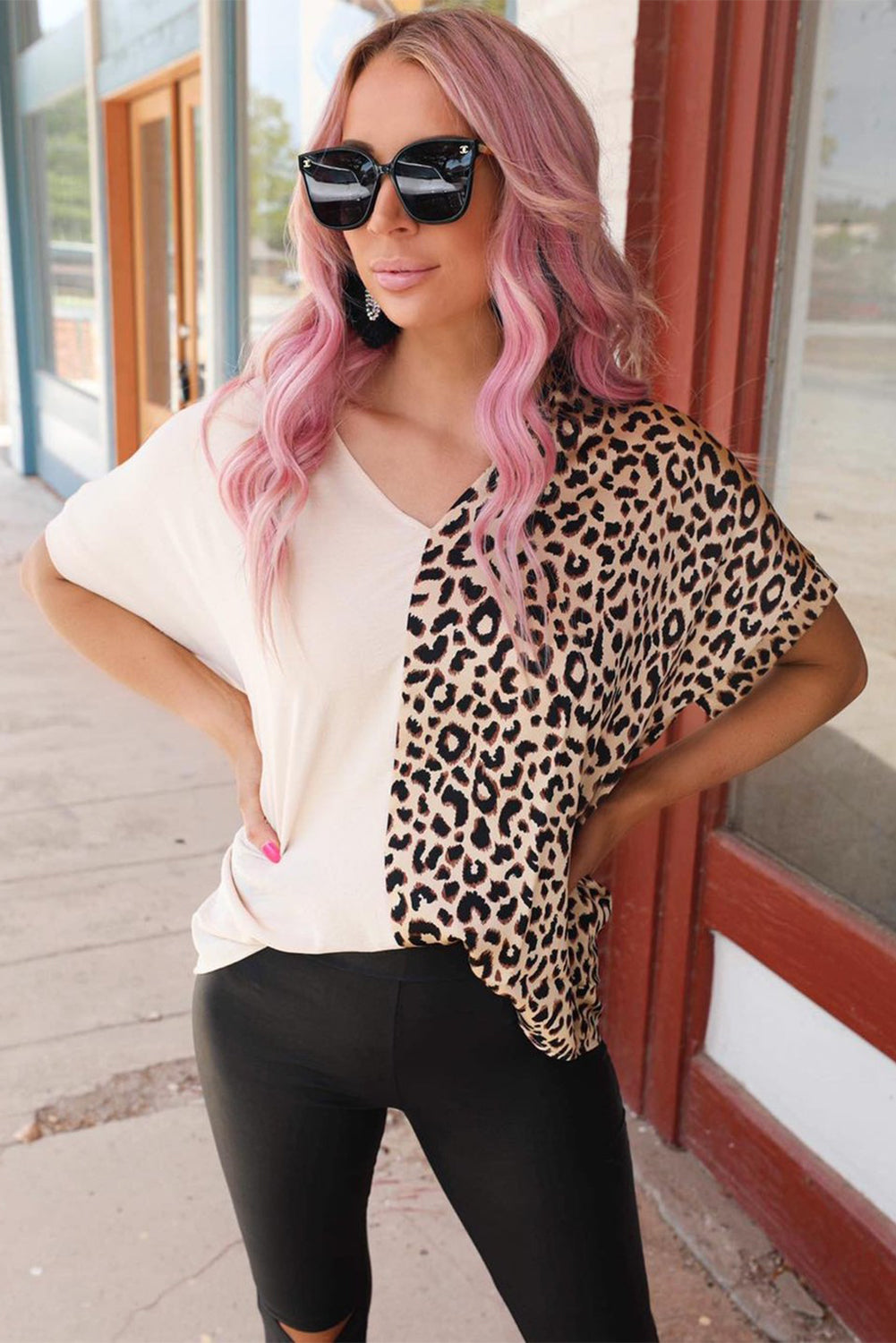 Leopard Color Block Roll Tab Sleeve V Neck Top