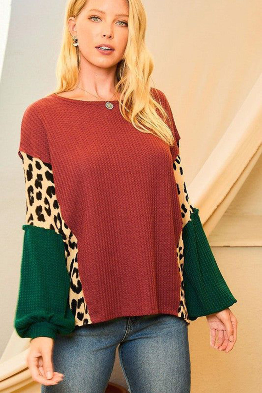 Leopard Splicing Waffle Color Block Puff Sleeve Top