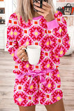 Sachet Pink Geometric Print Long Sleeve Top and Drawstring Shorts Set