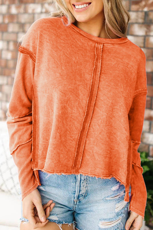 Orange Exposed Seamed High Low Raw Edge Sweatshirt