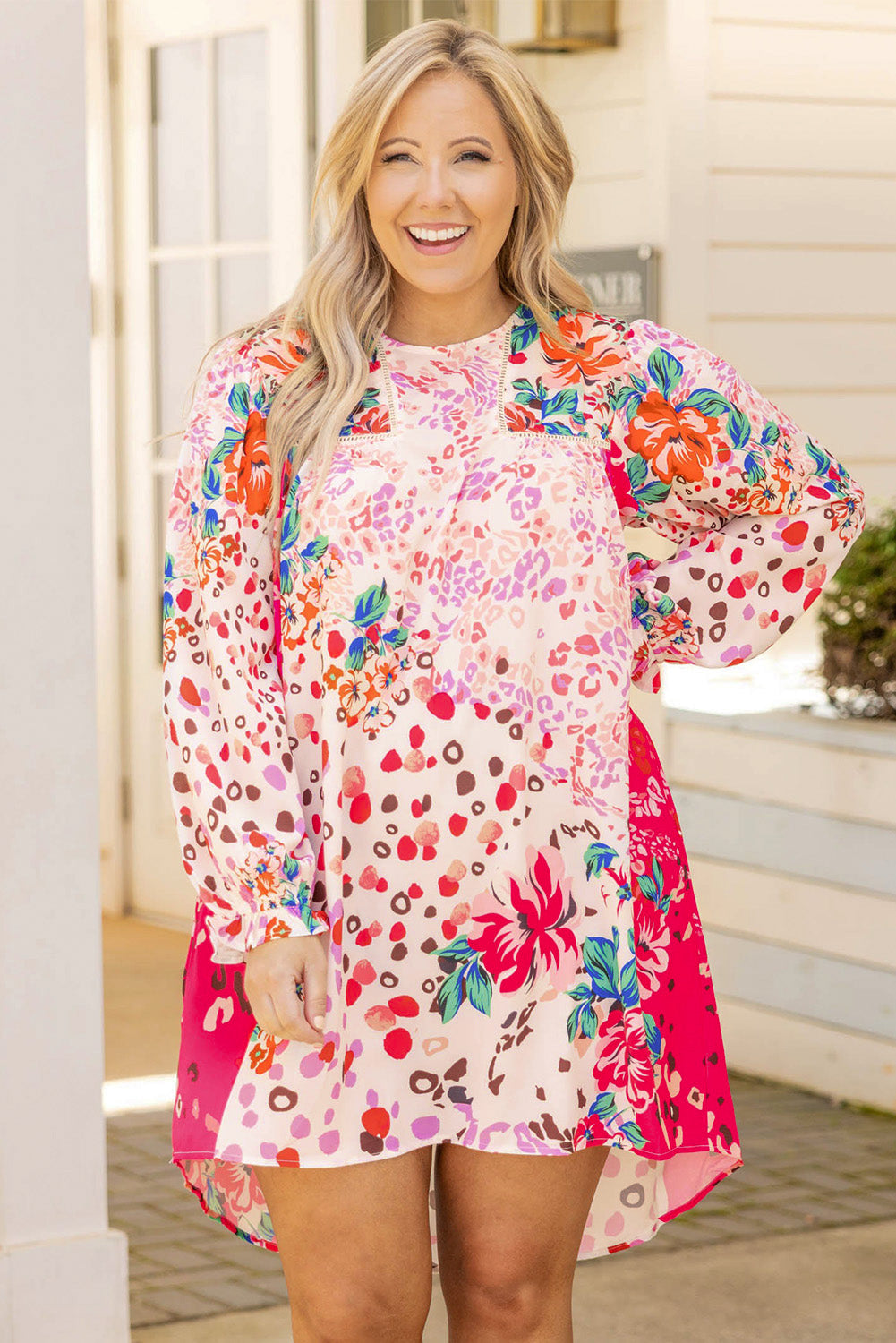 Floral Long Sleeve Plus Size Shift Dress