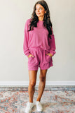 Strawberry Pink Corded Textured Long Sleeve Top and Shorts Set