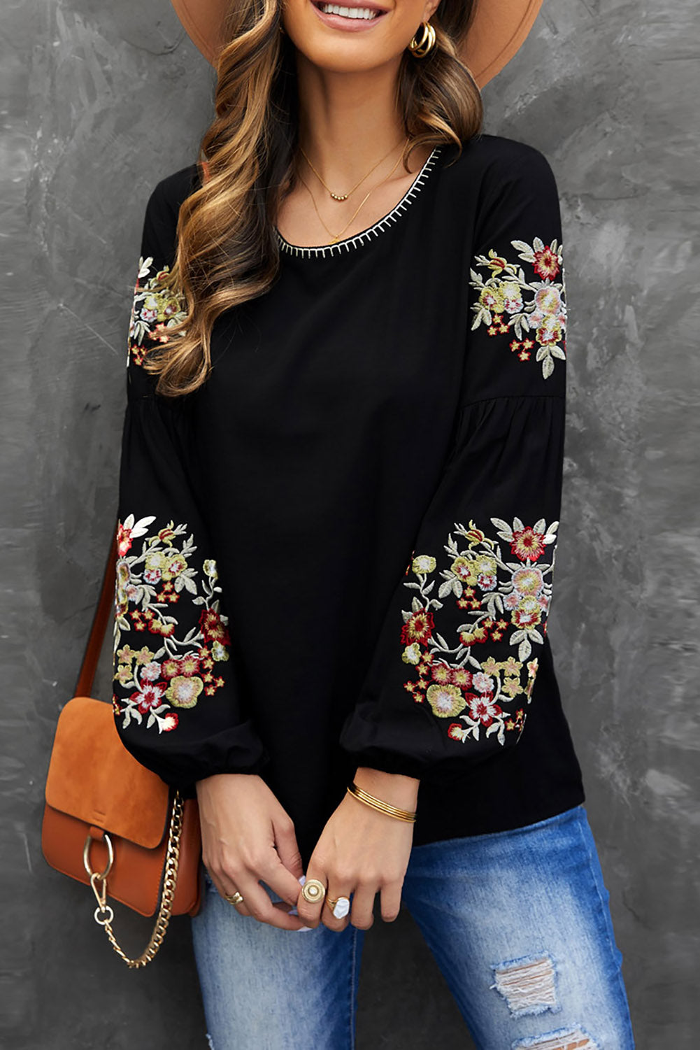 Floral Embroidery Long Sleeve Top