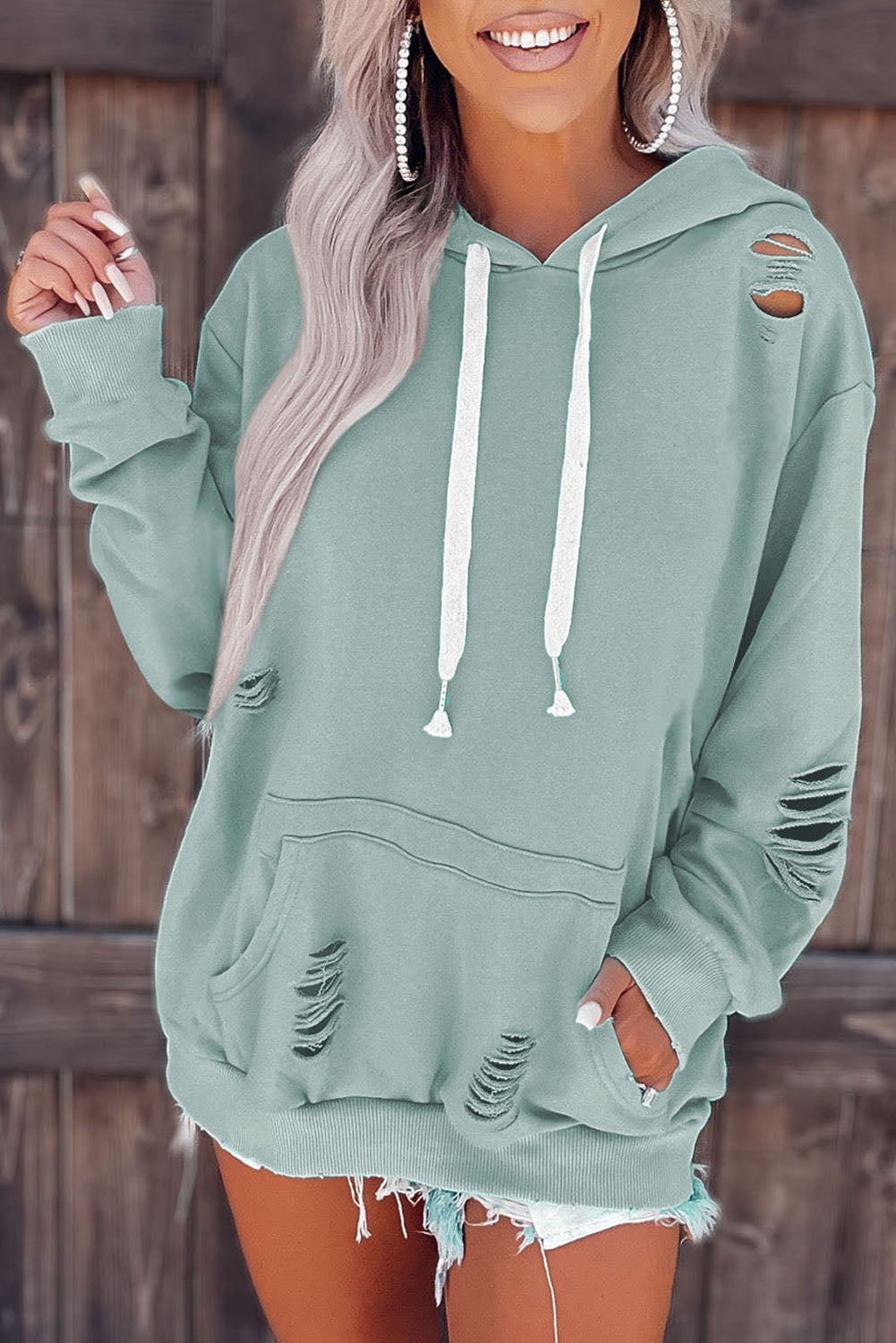 Solid Ripped Hooded Sweatshirt with Kangaroo Pocket