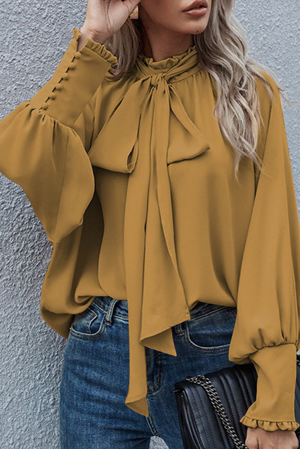 Khaki Frilled Knotted Mock Neck Bishop Sleeve Blouse