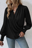 Solid Surplice Neck Shirred Cuffs Draped Blouse