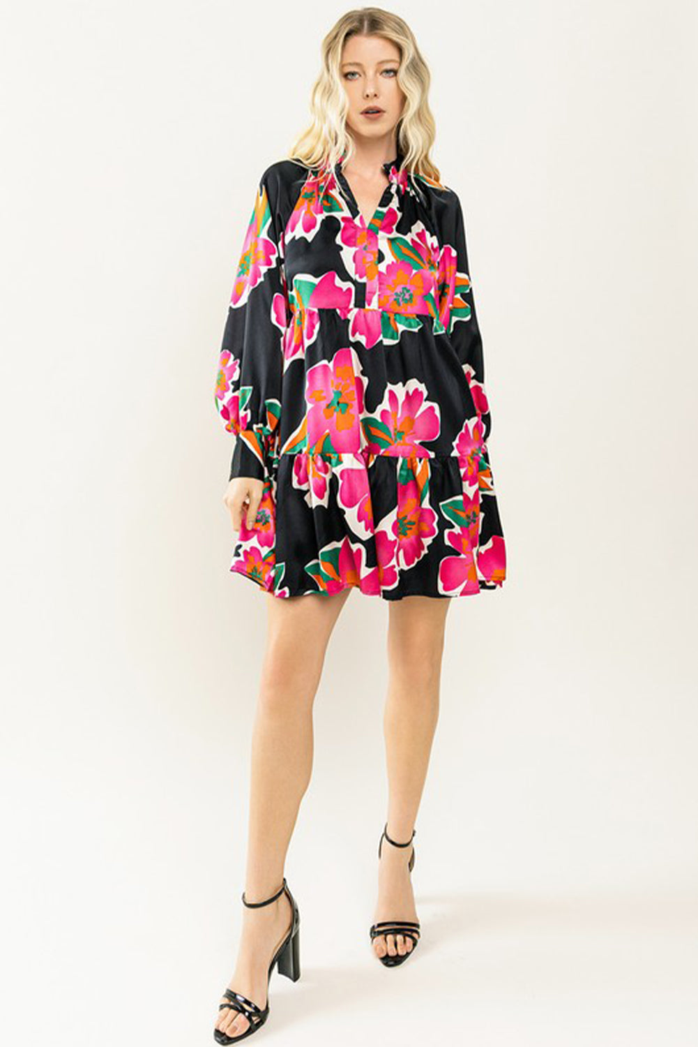 Black Flower Print Puff Sleeve Blouse