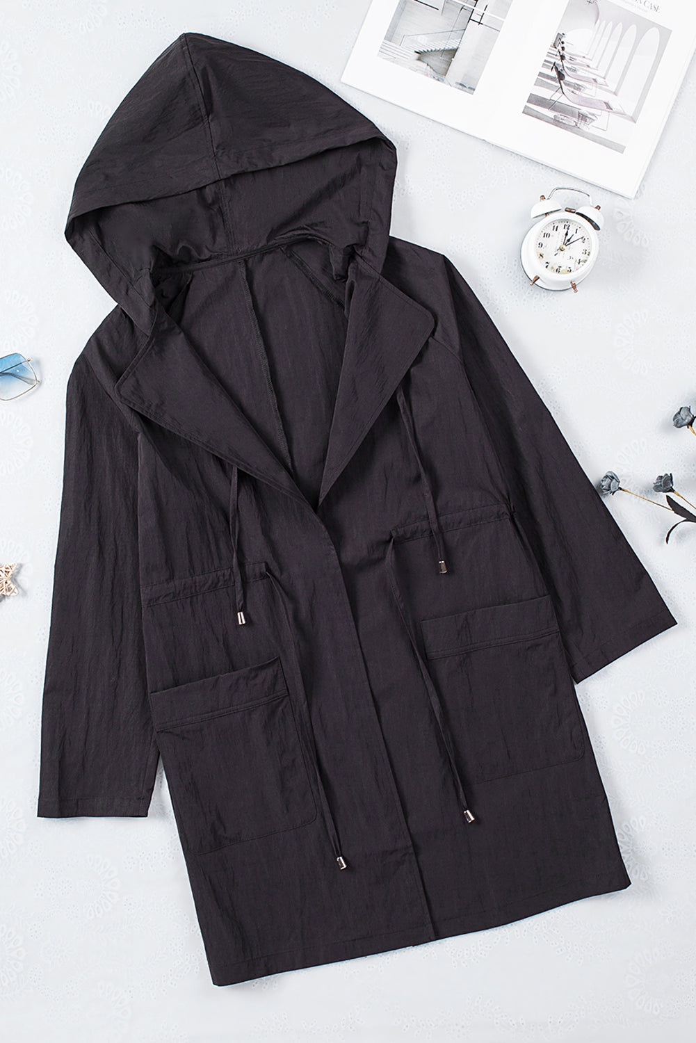 Drawstring Turndown Collar Hooded Outerwear