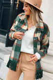 Black Plaid Snap Button Pocket Fringed Hem Jacket