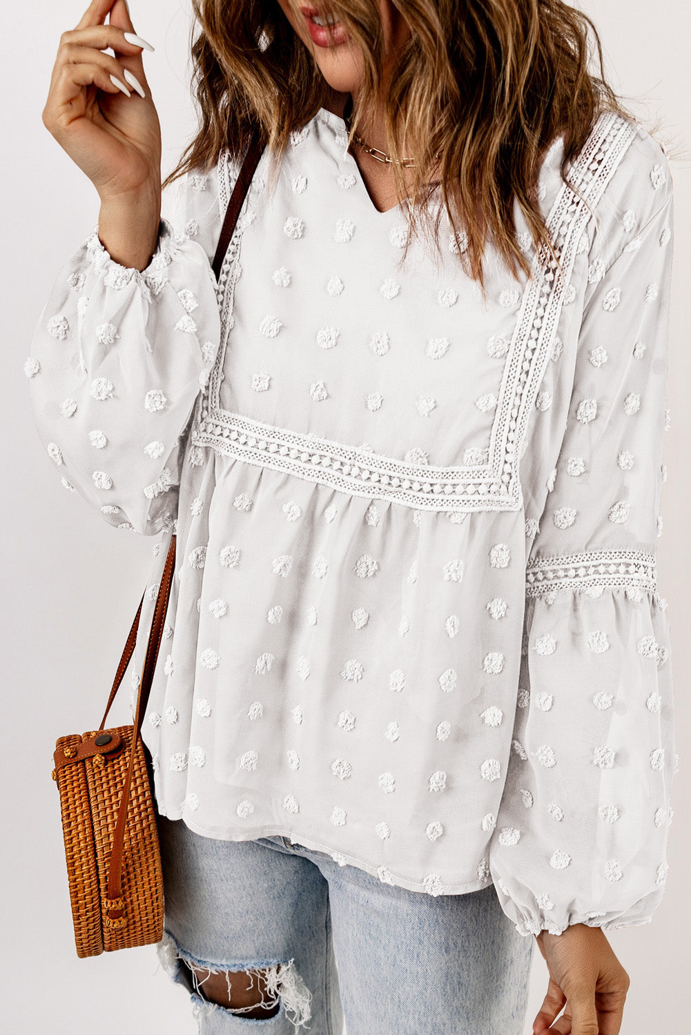 Ruffled Split Neck Lace Hollow Out Puff Sleeve Polka Dot Blouse