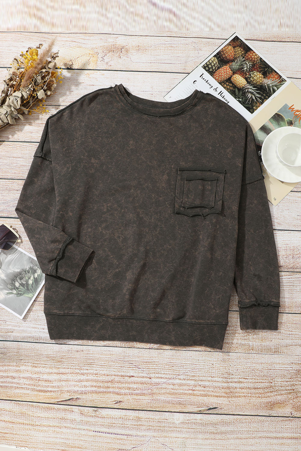 Acid Wash Drop Shoulder Long Sleeve Sweatshirt with Pockets