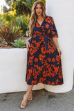 V Neck Wrap Pleated Maxi Floral Dress with Tie