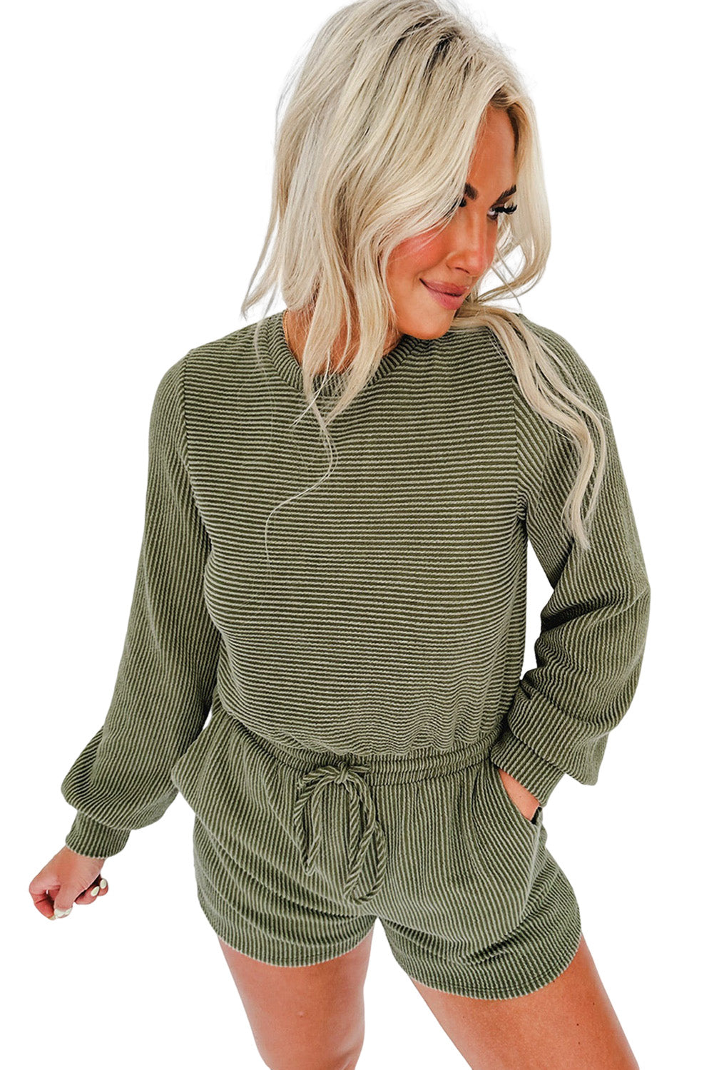 Corded Pullover Long Sleeve Drawstring Romper