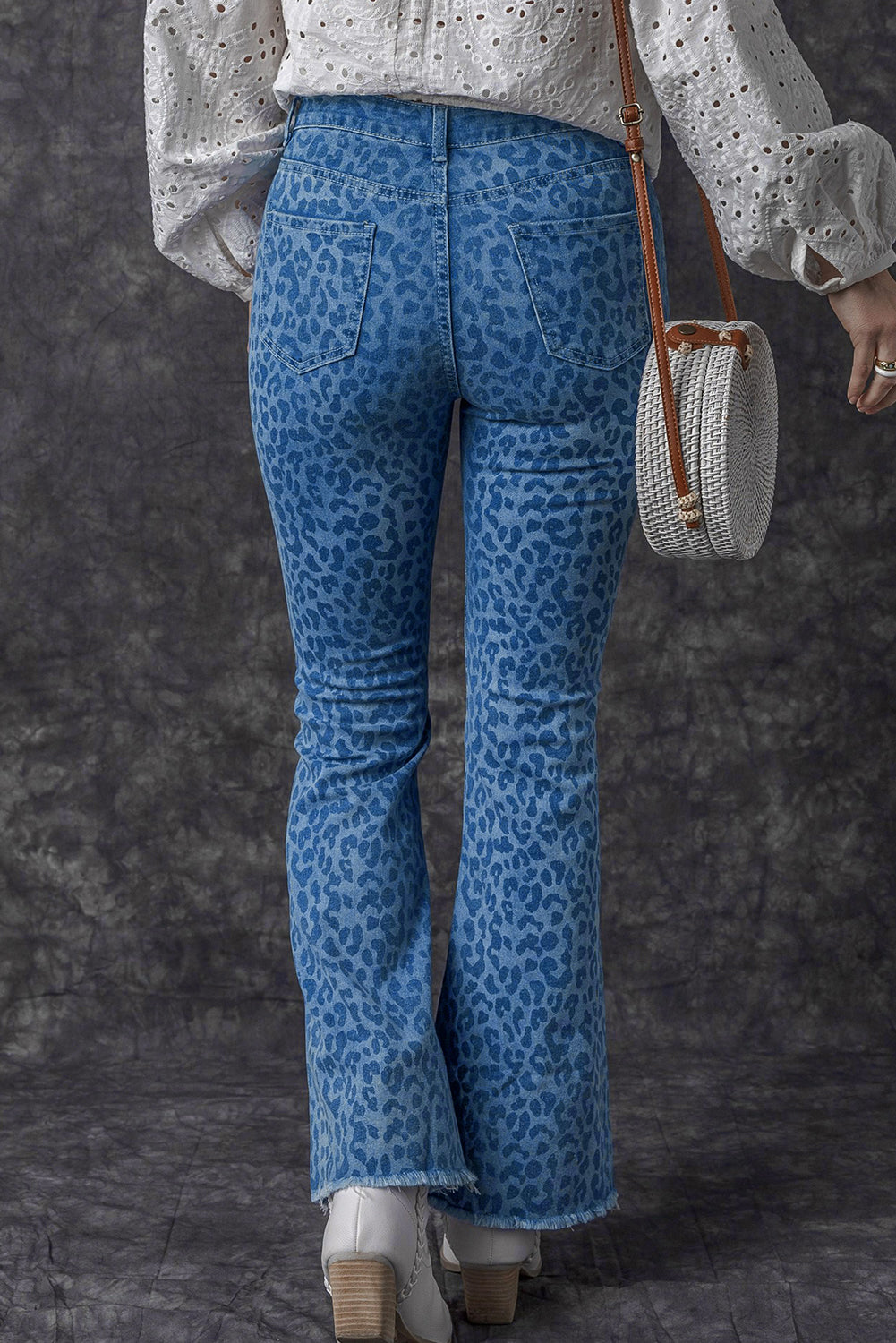 Sky Blue Leopard Print Raw Hem High Waist Flare Jeans