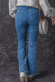 Sky Blue Leopard Print Raw Hem High Waist Flare Jeans