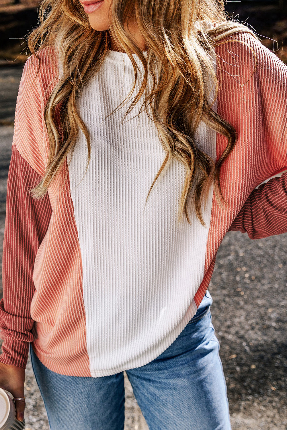 Black Color Block Long Sleeve Ribbed Loose Top