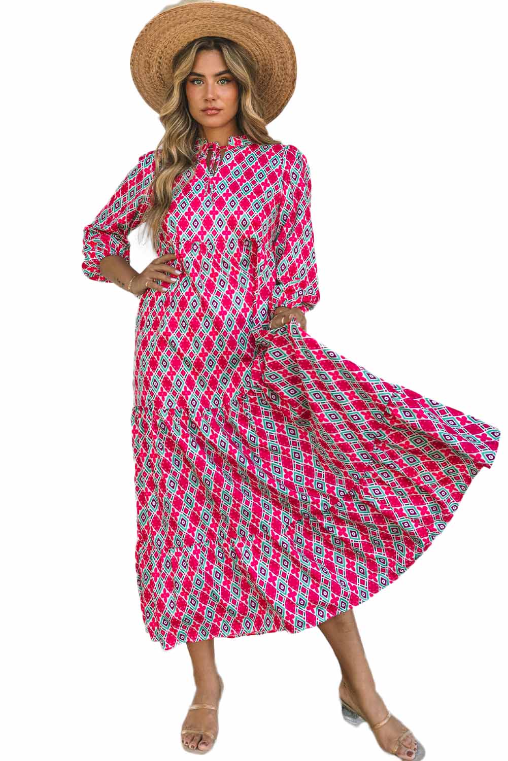 Bohemian Geometry Print 3/4 Puff Sleeve Dress