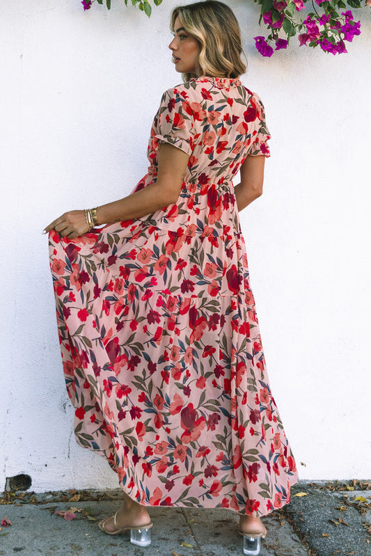 Robe longue à imprimé floral et volants à col en V et manches courtes rouge