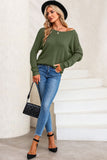 Green Textured Knit Round Neck Dolman Sleeve Sweater