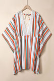 Striped Lace V Neck Wide Sleeves Cinched Swimsuit Cover up