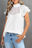 Sheer Ruffle Sleeve Splice Mock Neck Blouse