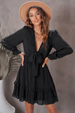 Deep V Neck Lantern Sleeve Knotted Tiered Mini Dress