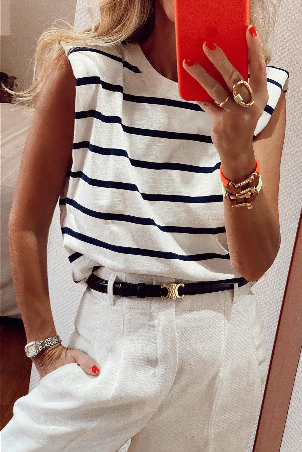 Striped Print Shoulder Pads Boxy Tank Top