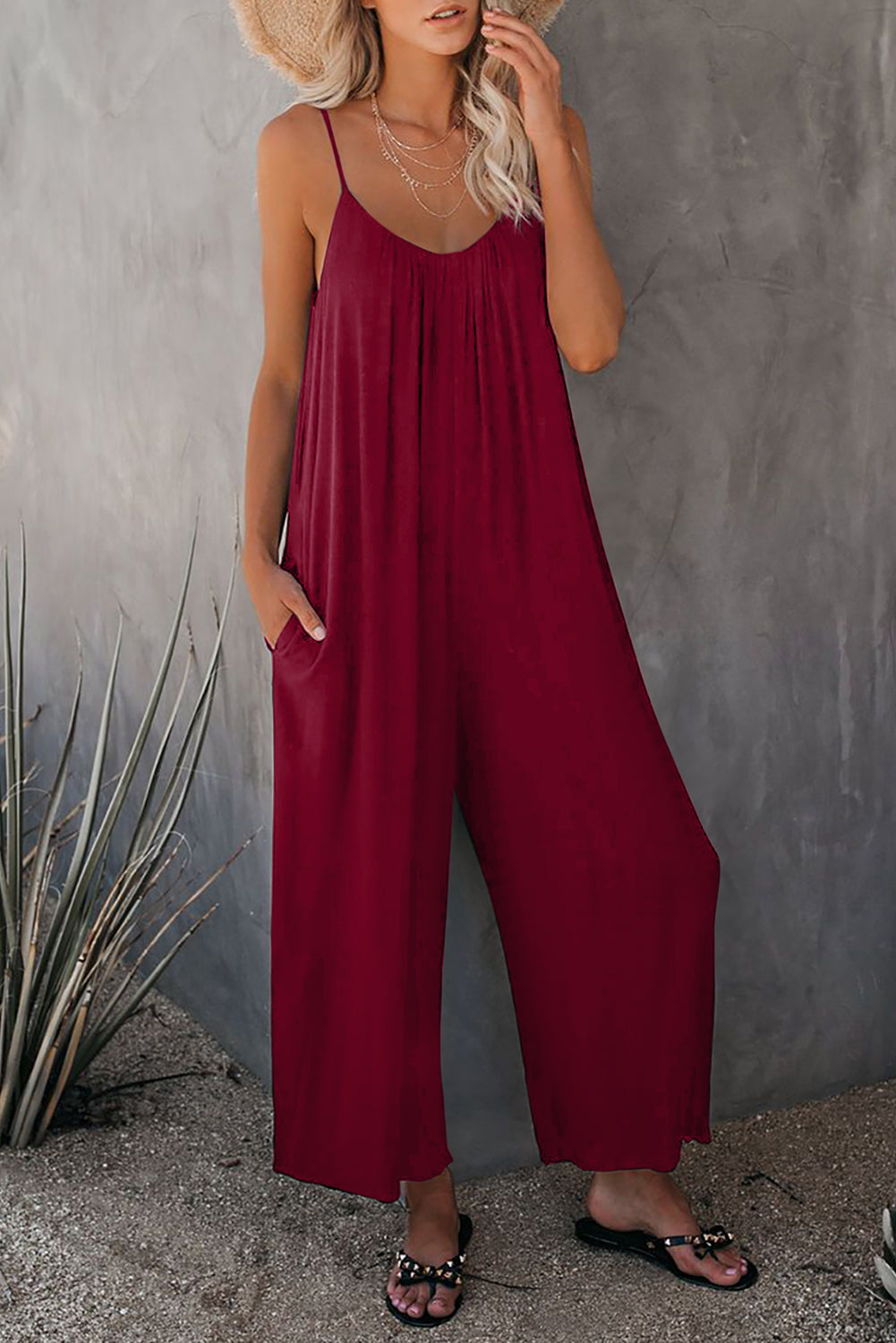 Spaghetti Straps Wide Leg Pocketed Jumpsuits