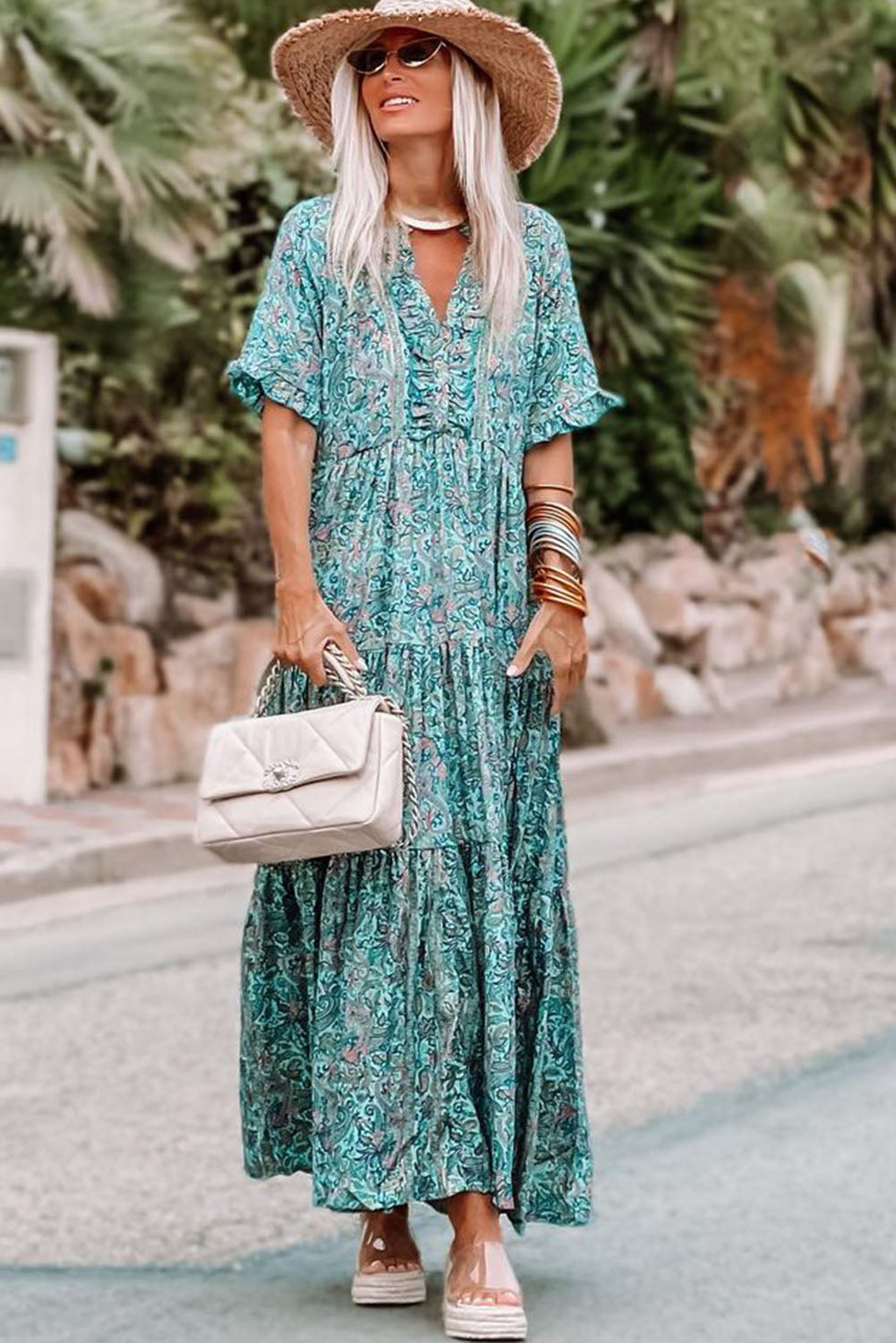 Paisley Print Boho Holiday Ruffle Tiered Maxi Dress