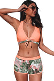 Tropical Leaf Print Tie Bikini and Boardshorts