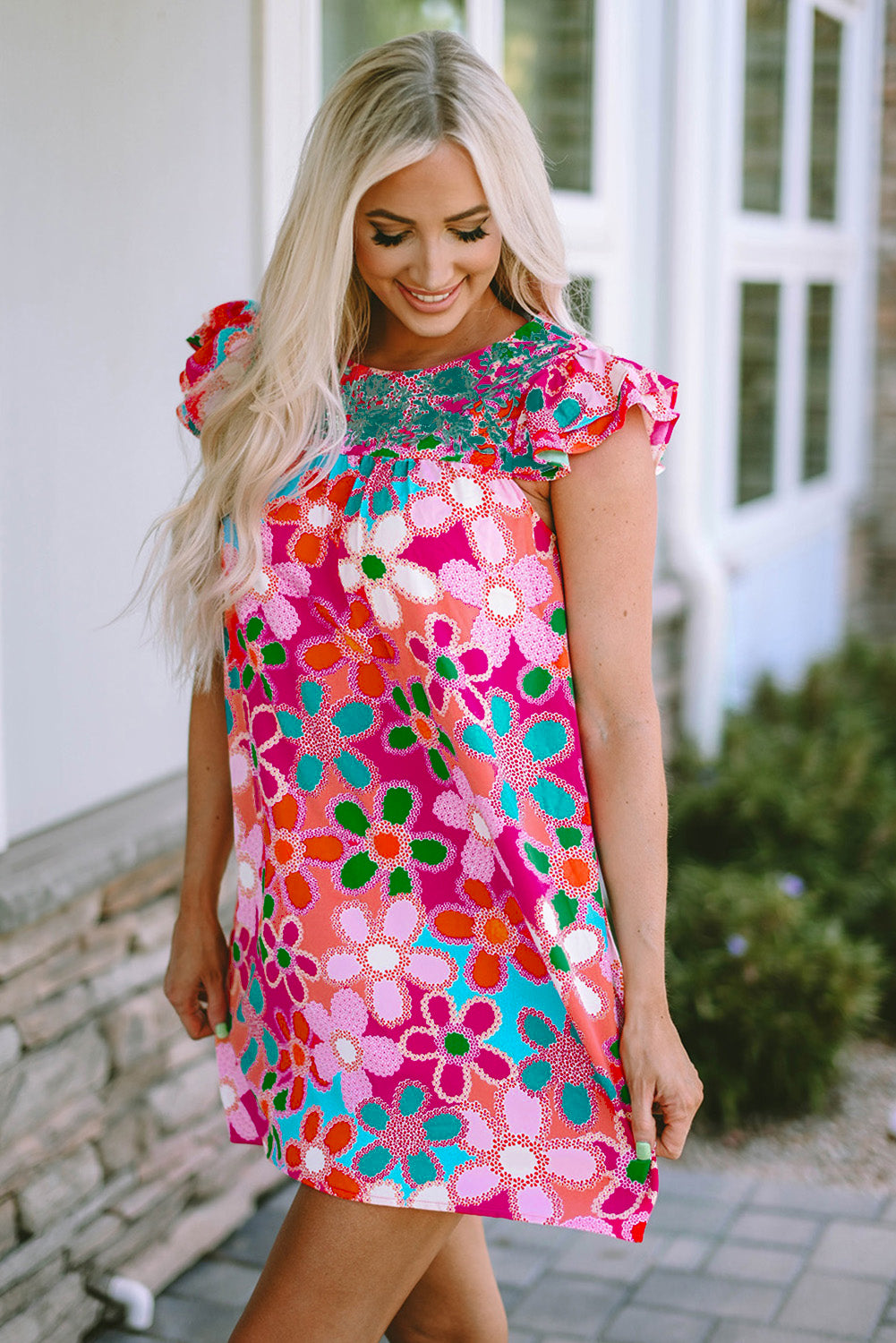 Rose Embroidered Detail Floral Print Ruffle Trim Tank Top