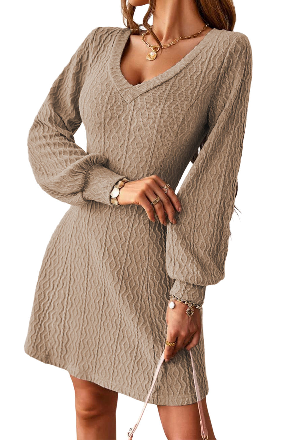 Textured Knit V-Neck Bishop Sleeve Sweater Dress