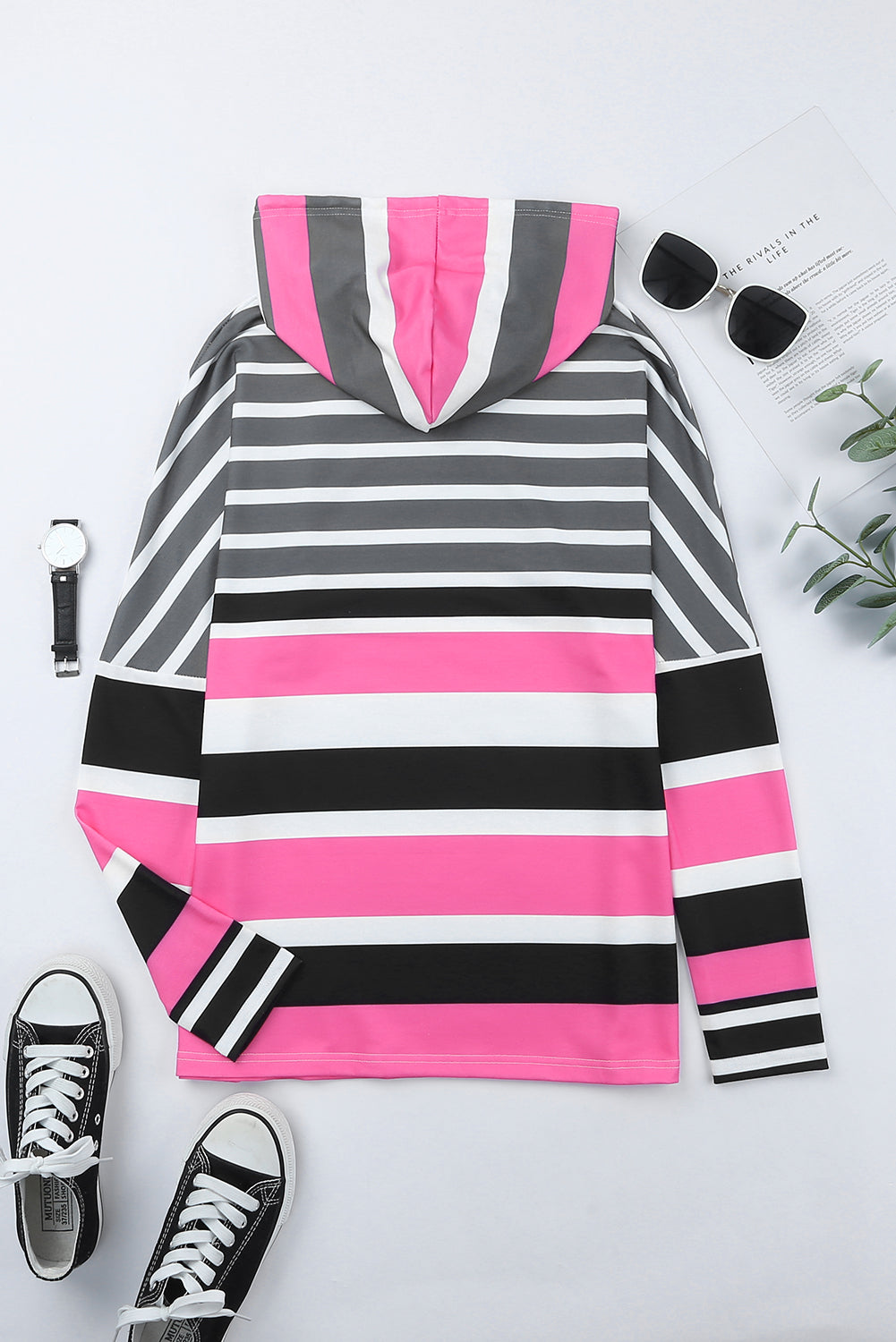 Multi Striped Drawstring Long Sleeve Hoodie