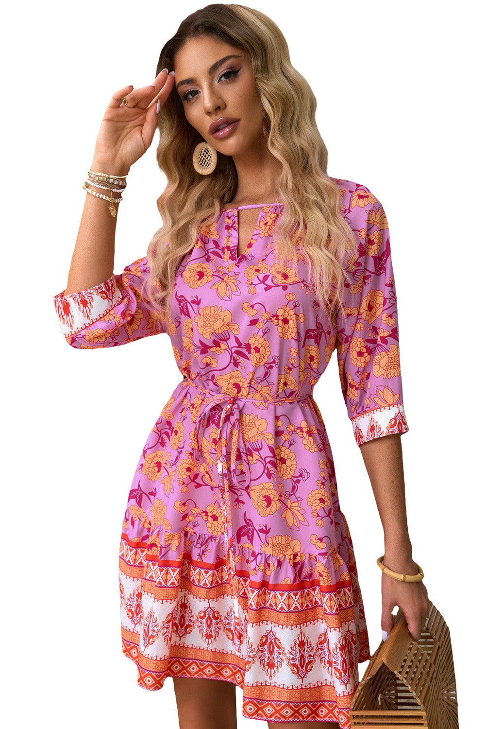 3/4 Sleeve Boho Floral Belted Mini Dress