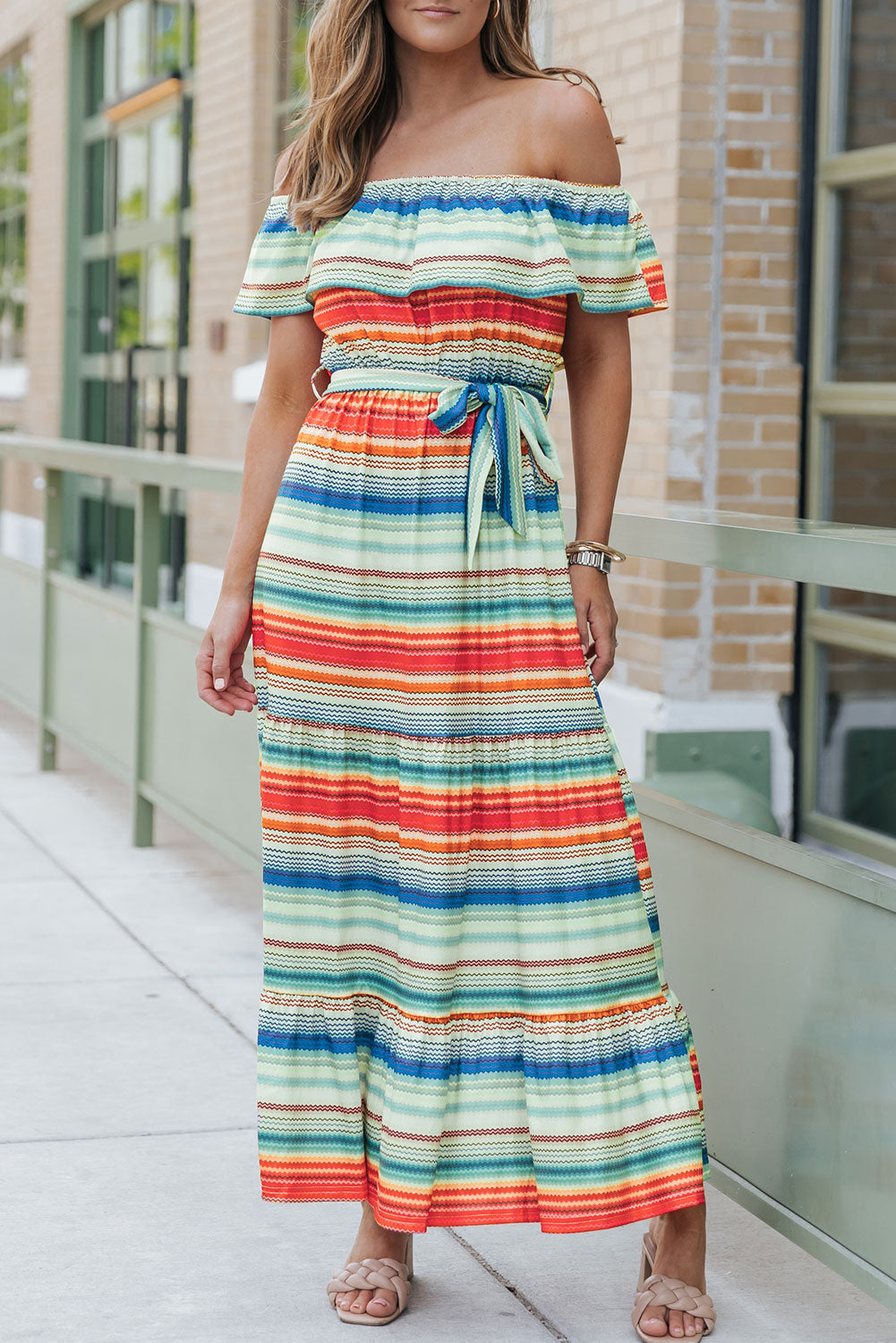 Print Lace-up Ruffled Off Shoulder Maxi Dress