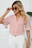 Ruffled Bracelet Sleeve V-Neck Pleated Blouse