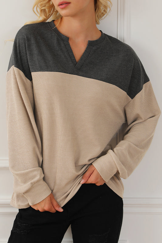 Carbon Grey Notched Neck Colorblock Corded Sweatshirt