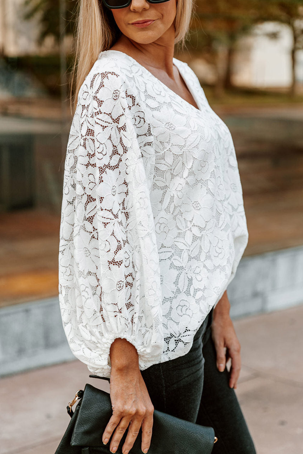 Floral Lace Crochet Loose Fit V Neck Top