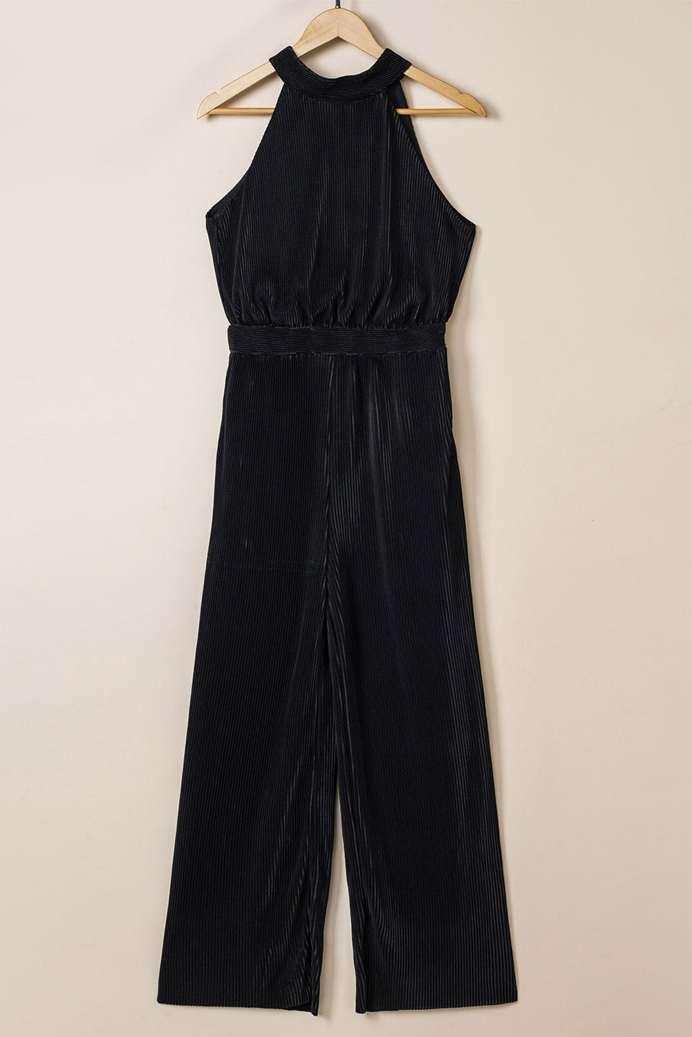 Button Halter Neck Keyhole Back Ribbed Jumpsuit