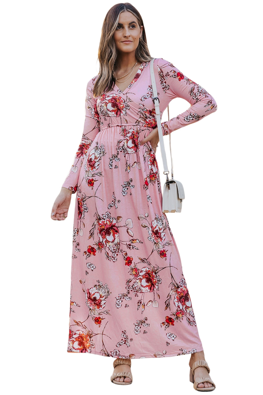 Robe longue empire enveloppée à col en V et manches longues à fleurs rose