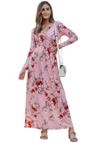 Robe longue empire enveloppée à col en V et manches longues à fleurs rose