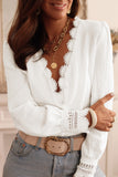 White Lace Crochet Trim Deep V Neck Textured Blouse