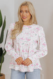 Pink Floral Print Shirred Balloon Sleeve Keyhole Back Babydoll Blouse